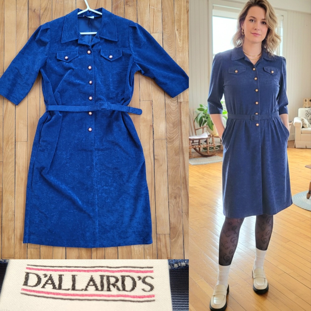 Vintage‎ 80s Cobalt Blue Velvet Button Front Military Midi Dress Belted
